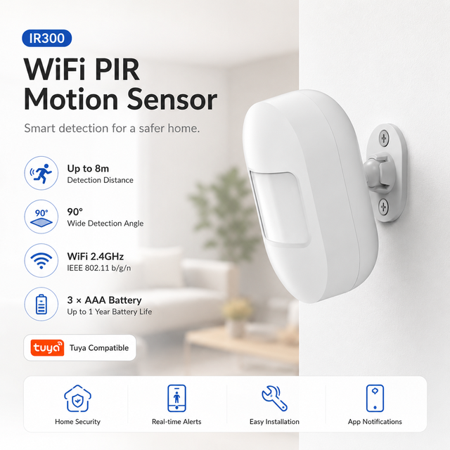WiFi PIR Motion Sensor Tuya Smart Life 2.4GHz Wireless Human Movement Detector for Home Security Alarm System