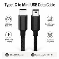 Câble Type-C vers Mini USB en nylon tressé, charge rapide, synchronisation des données, cordon en forme de T pour HDD, caméra, PS3, lecteur MP3, 0,5m-3m