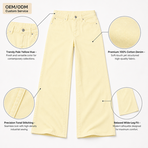 OEM Factory Custom Pale <strong>Yellow</strong> Baggy <strong>Jeans</strong> for <strong>Women</strong> High Quality Cotton Wide Leg Denim Pants Streetwear - Product Image 2