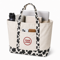Sac en toile à imprimé vache, patchwork, avec logo personnalisé, sac fourre-tout en coton, ensemble cadeau monogrammé, vente en gros, chapeau bob, pochette à cosmétiques