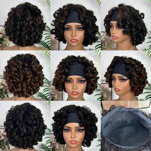 <b>Headband</b> Bouncy Wig Super Double Drawn Quality 100% Human Hair <b>Curly</b> Wig Full Density 12 Inches Short Machine Made Wig - Product Image 1