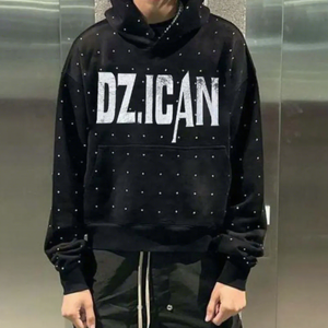 Sweat à capuche personnalisé en coton molletonné noir épais délavé à l'acide pour hommes, fabricant de sweats à capuche en coton, coupe ample et oversize avec strass - Product Image 2