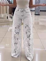 Jean évasé écologique pour femme, coupe ample, déchiré, jambe large, taille mi-haute, avec logo, effet usé, en denim grande taille