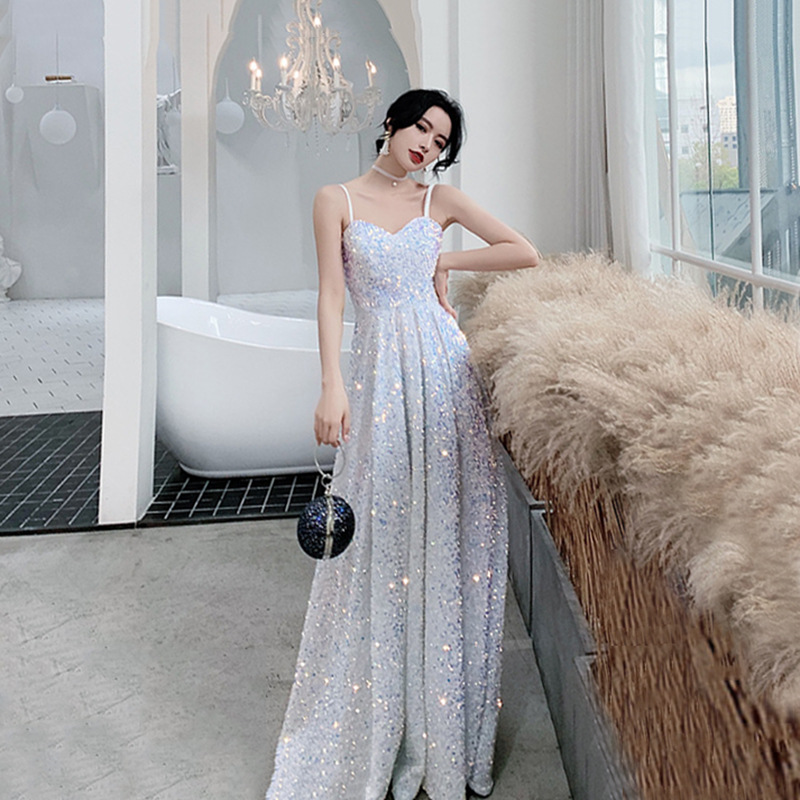 2025 Sequin Spaghetti-Strap Dress Banquet White Formal Long Evening Gown  Long Evening Dress