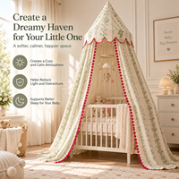 Dôme de lit bébé floral vert 100 % coton respirant, tente de berceau pliable toutes saisons avec pompons rouges et bordure à volants