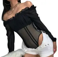Bomlook — body Sexy Transparent en maille pour femmes, haut moulante, à volants et manches lanternes, Patchwork, col bateau, à épaules dénudées, 2021