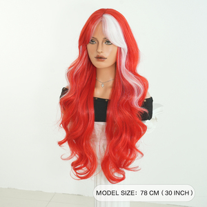 Perruque synthétique longue ondulée naturelle de 30 pouces, couleur drapeau, <span class=keywords><strong>rouge</strong></span> <span class=keywords><strong>avec</strong></span> mèches blanches, résistante à la chaleur, pour événements de football et zones de supporters - Product Image 3