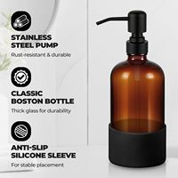 Distributeur de savon rechargeable en verre ambré de 16 oz, flacon pompe pour savon à vaisselle, distributeurs avec pompe en acier inoxydable et manchons en silicone