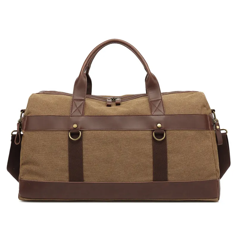 Duffel bolsa de ombro para homens, tira-colo em lona vintage e com revestimento de couro artificial, para o fim de semana, bolsa de viagem para academia