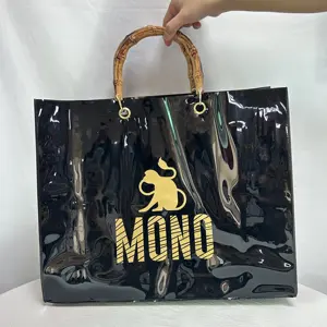 Tas tangan kanvas transparan wanita belanja kustom tas pantai dompet Tote dengan pegangan bambu