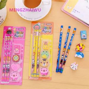 Kawaii Briefpapier School Blister Verpakking Verschillende Ontwerp Potlood Gum Puntenslijper Set Hb Potlood Set