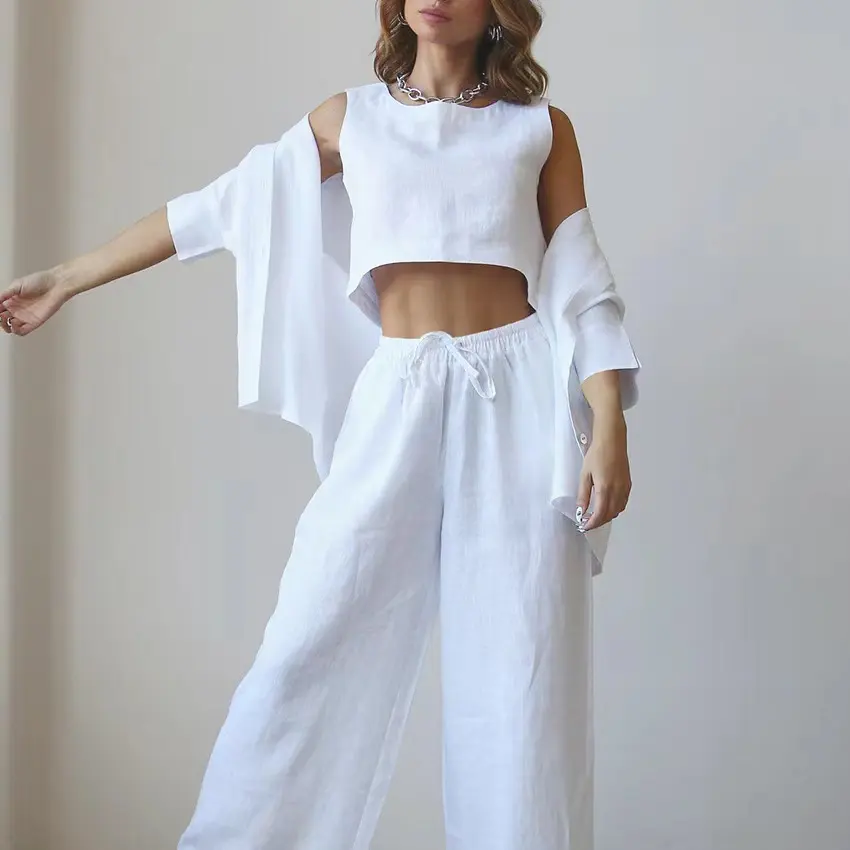 Designer Drop Shipping Solid Loungewear 3 pcs Cotton Linen Set Women Pajamas