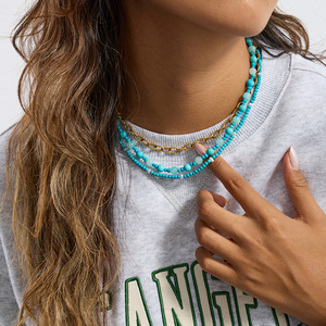 J&amp;D Holiday Style 18k Gold Stainless Steel Casual Classic Natural Stone <strong>Turquoise</strong> Beaded <strong>Necklace</strong> - Product Image 1
