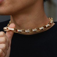 Collier unisexe tendance, nouveau design, chaîne cubaine carrée en acier inoxydable, plaqué or, zircon glacé imitation hip-hop, idéal pour un cadeau