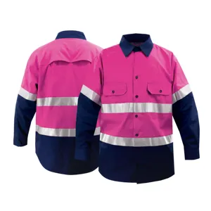 Hi VIS Workwear เสื้อเชิ้ตแขนยาวสะท้อนแสงเพื่อความปลอดภัยในการทำงานเสื้อสีชมพู