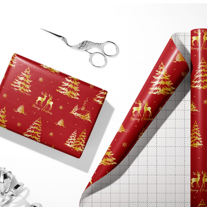 Papier d'emballage de Noël double face, nouveau style, estampé or, rouge et vert, motif sapin et cerf, pour loisirs créatifs - Product Image 1