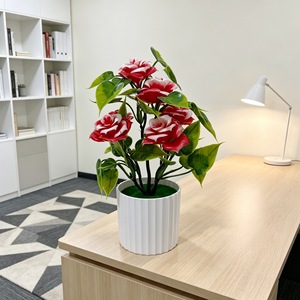 Bonsaï de rose artificielle Paulon, 24 cm de haut, pot rayé vertical, décoration intérieure/extérieure, accessoire de mariage - Product Image 3