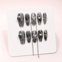 Faux ongles en acrylique 3D, motif crâne et chaîne, style gothique Halloween, forme cercueil moyenne, 10 pièces, faits main, à presser, vente en gros