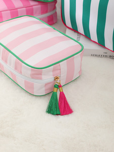 Sac de <span class=keywords><strong>maquillage</strong></span> personnalisé avec logo monogramme, broderie à glands, trousse de toilette de voyage en plein air avec fermeture éclair, sac cosmétique rayé, étui pour femmes, <span class=keywords><strong>cadeau</strong></span> - Product Image 4