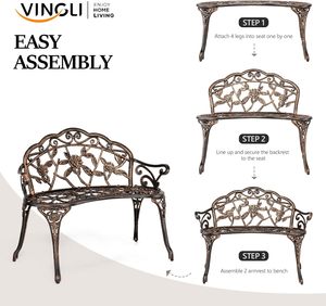 Panchina da Giardino in Metallo a Forma di Rosa, Sedia Antica per 2 Persone con Telaio in Ghisa e Alluminio, per Prato e Portico - Product Image 6