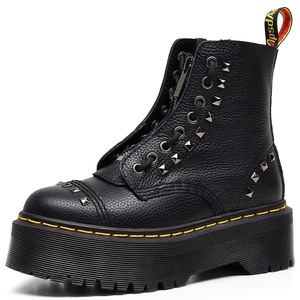 Lace-up double-strap thick-soled 8-hole locomotive <b>boots</b> with front zipper Short <b>boots</b> with top made of lychee-patterned fabric - Product Image 1