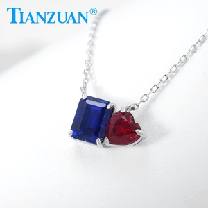 S925 plata esterlina azul real rectángulo corte esmeralda zafiro y sangre de Paloma rojo corazón forma rubí colgante collar - Product Image 3
