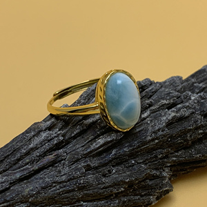 Women's 925 Sterling <strong>Silver</strong> Gemstone Jewelry Gold Plated Oval Shape Larimar <strong>Big</strong> Stone <strong>Rings</strong> Classic Style for Weddings Parties - Product Image 1