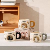 Tasse en céramique rétro faite à la main avec motif de chat de dessin animé - Cadeau d'anniversaire pour les petites amies et les petits amis - Résistante au micro-ondes et aux hautes températures - Couleur