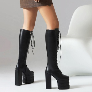 Large Size 46 Wide Fit Triple Layers Platform Knee High <b>Boots</b> Women Lace up Patent Chunky Heels Shoes Fancy Long Booties - Product Image 5