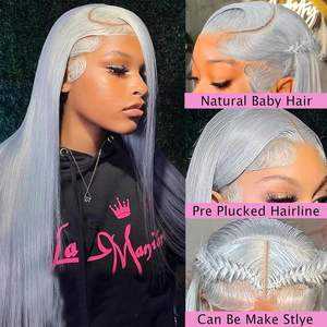 Perruque Lace Front <span class=keywords><strong>Cheveux</strong></span> Humains Indiens Remy Gris Argenté Ondulés Naturels Longue Pré-épilée Petits Nœuds Lisse Transparente - Product Image 4