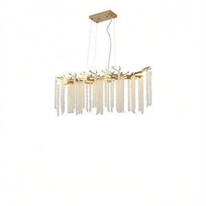 Lámpara colgante dorada moderna de 39 pulgadas con hebras de cristal en cascada, forma rectangular para sala de estar, comedor, iluminación decorativa - Product Image 1