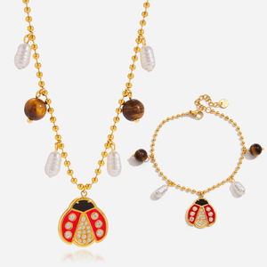 Ladybug Stainless Steel Necklace <b>Bracelet</b> <b>Set</b> For Women Gift Jewelry Insect Design Bezel Setting Fashion Accessory - Product Image 1