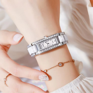 Montre de luxe pour femme avec accent carré en cristal, boîtier en céramique or rose, bracelet en acier inoxydable, étanche 30M, montre-bracelet habillée - Product Image 6