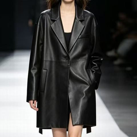 0008 Garment Wrinkle-free Treatment Black Full Length Notched Collar Sheepskin Outerwear Elegant Office Leather Coat