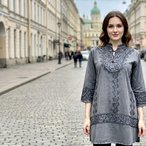 SK NOOR SONS PRESENTS Robe de soirée moderne en rayonne naturelle brodée de fleurs, col en V, manches longues amples, style bohème vintage, longueur genou - Product Image 1