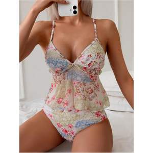Traje de Baño Tankini Floral Personalizado para Mujer, 2 Piezas, con Volantes, Cintura Alta, Escote en V Profundo, Elástico, Ropa de Playa - Product Image 1