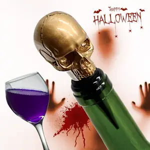 Unique Halloween Souvenirs Gifts Reusable Stainless Steel Bottle Stopper Gold Skull Wine Beverage Bottle Stoppers