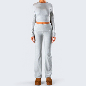 <strong>Women</strong> Solid Knitting Custom <strong>Grey</strong> Long Sleeve Cotton High Waist Foldover Leggings Crop Top Sweatshirt Set <strong>Tracksuit</strong> - Product Image 3