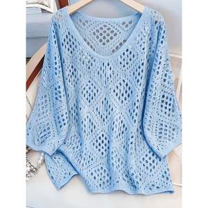 Women's Open Knit V-Neck Long Sleeve 100% Cotton <b>Pullover</b> <b>Sweater</b> - Product Image 1