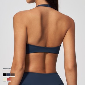 Soutien-gorge de yoga pour femme, col halter en V, dos croisé, respirant, maintien élevé, antichoc, froncé, sans armatures, sous-vêtement de sport - Product Image 2