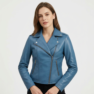 Blouson de motard asymétrique en cuir de vachette véritable bleu ciel pour femme, coupe ajustée, automne-hiver, imperméable, fermeture éclair avant, ODM - Product Image 1