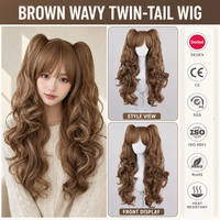 Perruque brune ondulée à double queue pour femme, avec frange complète, longues queues de cheval bouclées, pour Anime, Cosplay, Fête, Halloween, coiffure et présentation