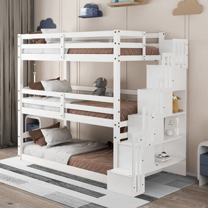 <span class=keywords><strong>Lit</strong></span> superposé triple en bois massif moderne <span class=keywords><strong>pour</strong></span> enfants avec design convertible et étagères de rangement - Product Image 1