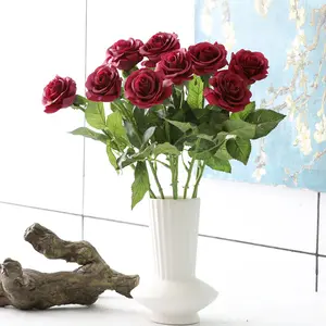 Rosa artificial de látex, tallo único de estilo europeo, color polvo, venta al por mayor, blanco, rojo y rosa
