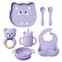 Ensemble d'alimentation pour bébé en silicone violet en forme de chat : assiette à ventouse, bavoir, tasse à paille et anneau de dentition