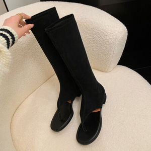 Bottes hautes pour femmes en daim de vache et cuir givré, fermeture éclair, bout pointu, décorées de métal, respirantes, bottes tendance - Product Image 4