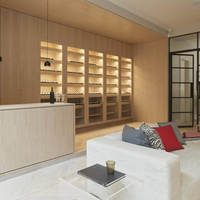 Vermonhouzz Ensemble d'armoires de cuisine minimalistes pleine hauteur, finition bois clair, sans poignées, avec étagères et rangement ouvert, et armoire sous-évier