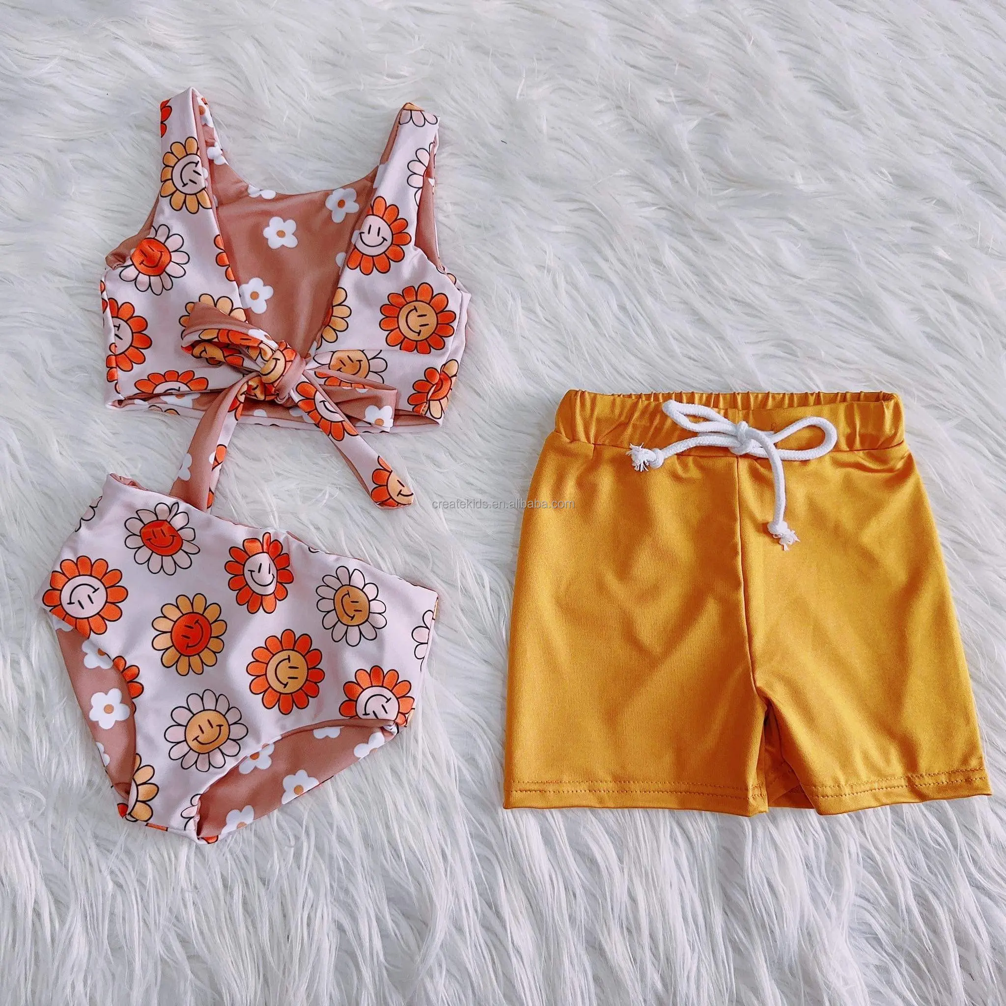 Baju renang anak perempuan, dua potong pakaian renang bayi dicetak reversibel musim panas