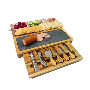 Tablero de madera de Acacia hecho a mano, juego de queso con cuchillo, tabla de servicio de madera