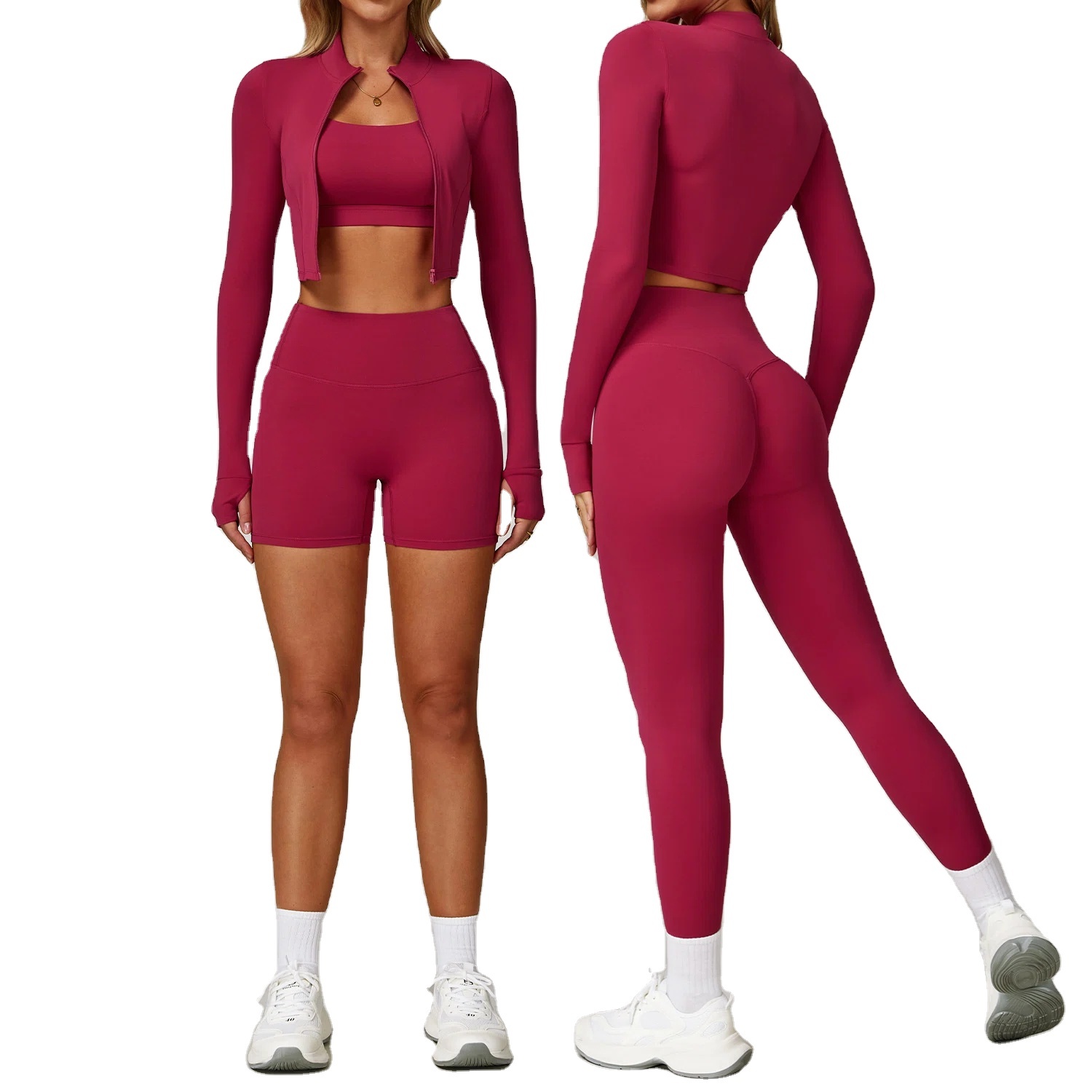 High-Waisted Yoga Suit Three-Piece Set 8047 Naked-Feel Fitness Clothing Cloud-Like Tight-Fitting Outdoor Sports Yoga Leggings